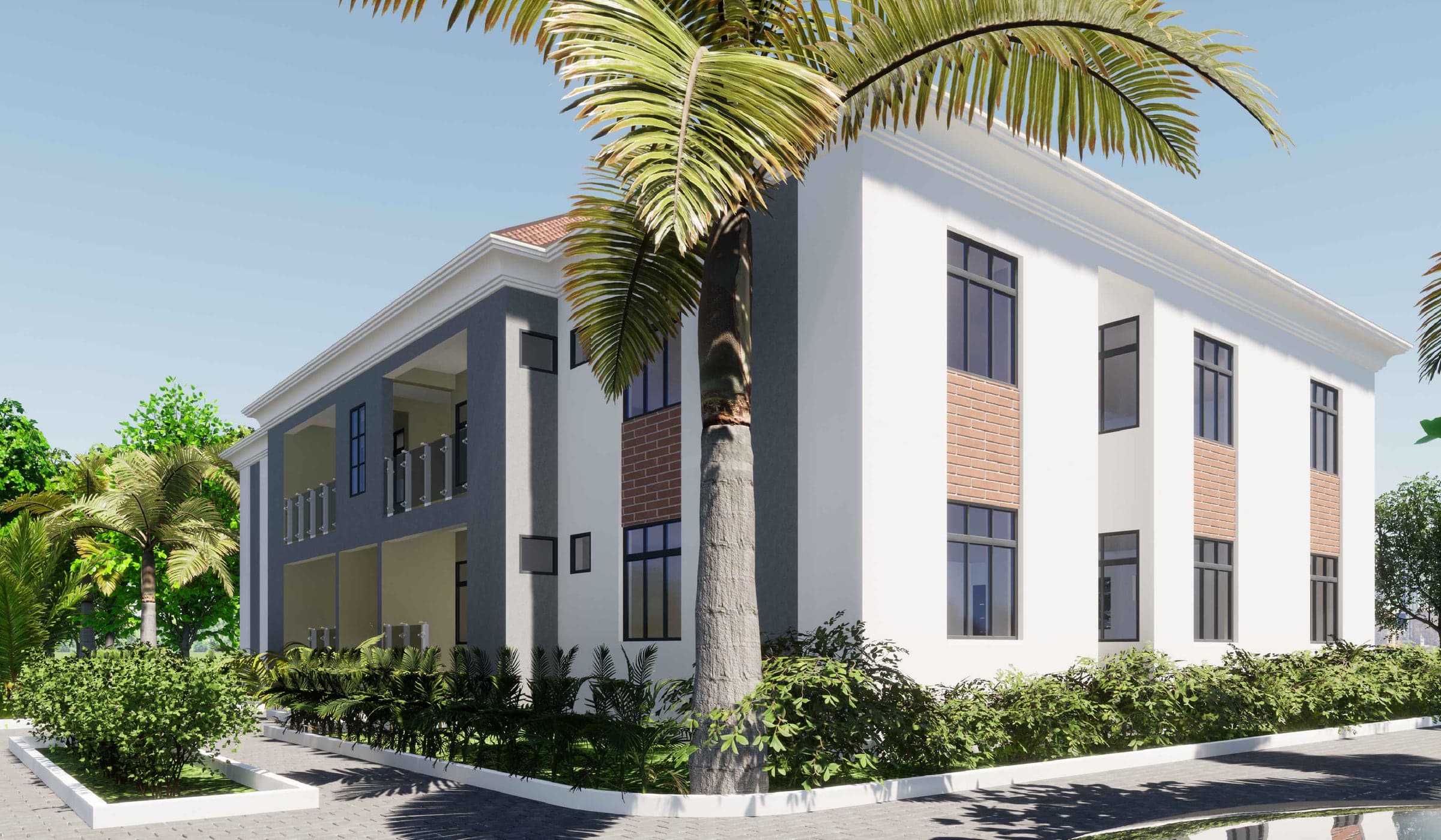 Architectural render of the Palm Grove Estate Phase 2 block of flats, seen from the corner: a two-storey building with white and grey render, a terracotta pitched roof and palms in the foreground.