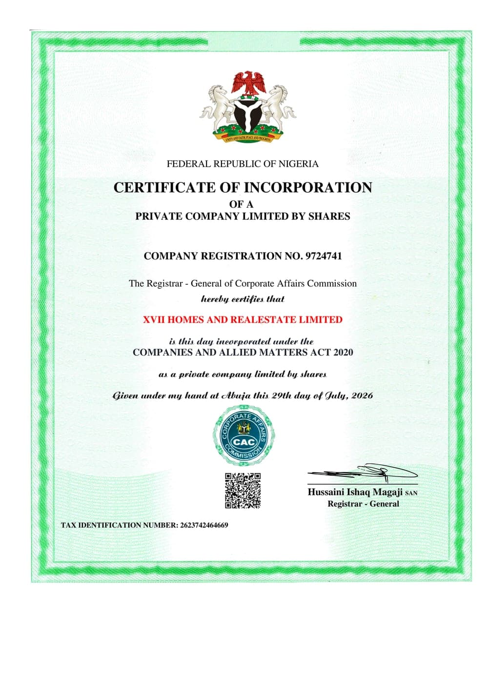 Certificate of Incorporation, Corporate Affairs Commission, Federal Republic of Nigeria — XVII Homes and Realestate Limited, RC 9724741